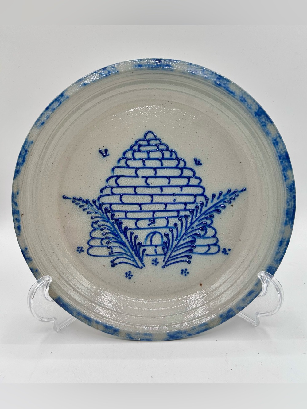 Vintage 97' Eldreth Pottery Blue Spongeware Beehive Pie Dish 11”